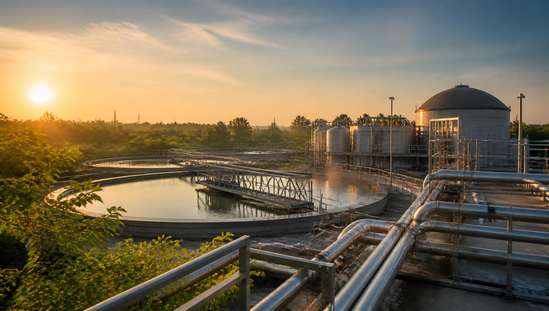 Estação industrial de tratamento de efluentes ao amanhecer